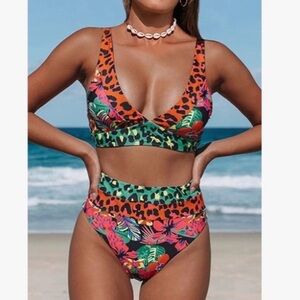 Hilinker High-Waist Tropical Leopard Print Bikini - Multicolor xs nwt